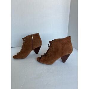 Vince Camuto Lace Up Brown Suede Peep Toe Block Heel Ankle Bootie Shoes Sz 8.5M